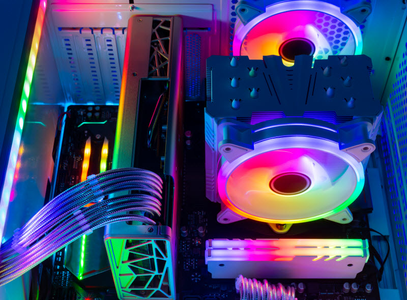 Inside view of custom colorful illuminated bright rainbow RGB LED gaming pc
